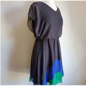 En Focus Studio 6 black overlay dress blue green rainbow trim bottom